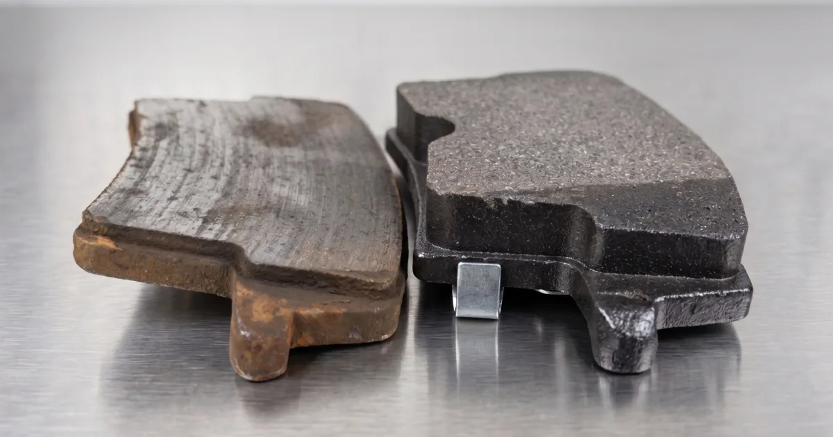 Worn brake pad (left) vs new brake pad (right) showing depleted friction material
