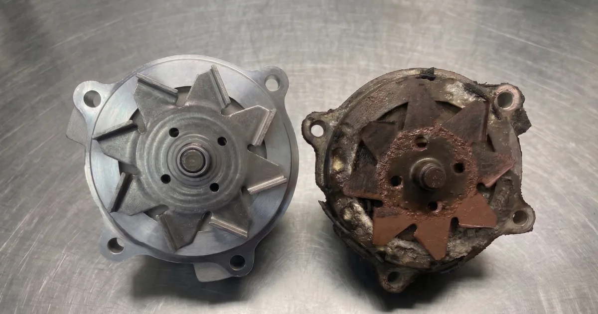 New water pump with full impeller fins (left) vs old corroded pump with eroded fins (right)